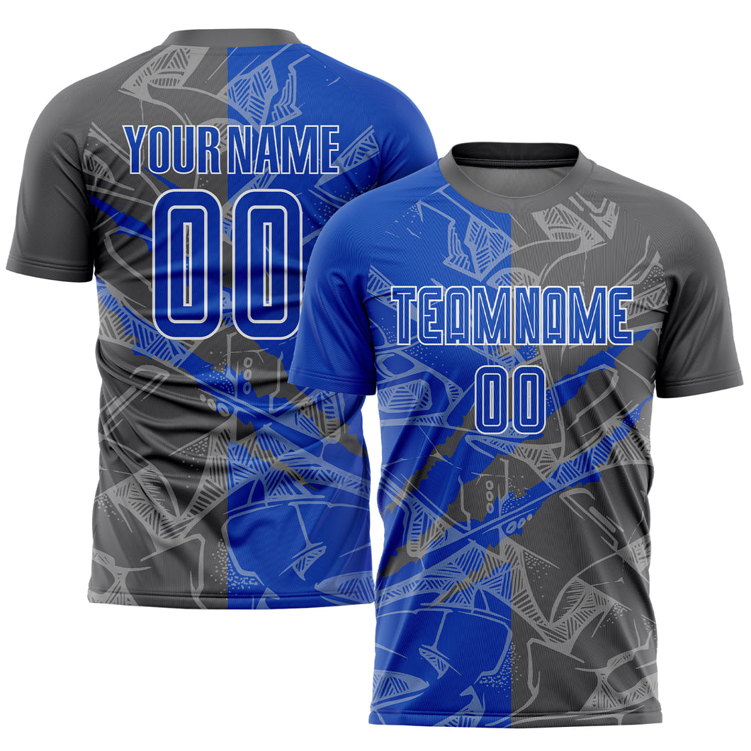 Custom Graffiti Pattern Thunder Blue-Steel Gray Scratch Sublimation Soccer Uniform Jersey