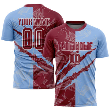 Custom Graffiti Pattern Crimson-Light Blue Scratch Sublimation Soccer Uniform Jersey