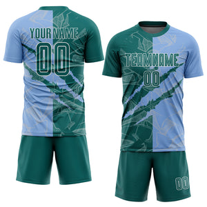 Custom Graffiti Pattern Teal-Light Blue Scratch Sublimation Soccer Uniform Jersey