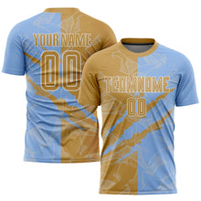 Load image into Gallery viewer, Custom Graffiti Pattern Old Gold-Light Blue Scratch Sublimation Soccer Uniform Jersey
