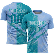 Load image into Gallery viewer, Custom Graffiti Pattern Teal-Light Blue Scratch Sublimation Soccer Uniform Jersey
