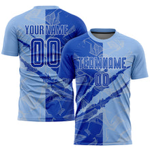 Load image into Gallery viewer, Custom Graffiti Pattern Thunder Blue-Light Blue Scratch Sublimation Soccer Uniform Jersey
