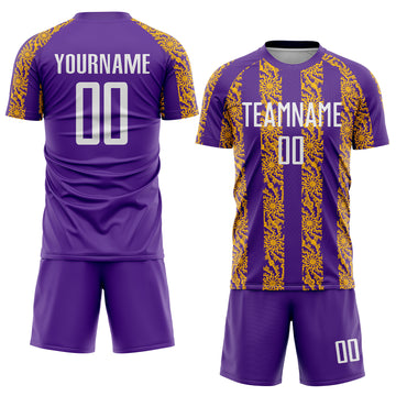 Custom Purple White-Gold Abstract Shape Sublimation Soccer Uniform Jersey