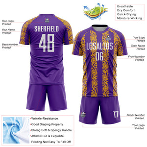 Custom Purple White-Gold Abstract Shape Sublimation Soccer Uniform Jersey