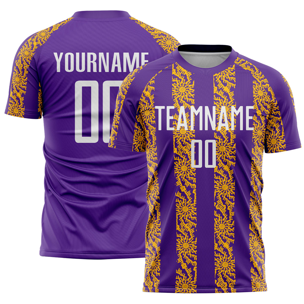 Custom Purple White-Gold Abstract Shape Sublimation Soccer Uniform Jersey