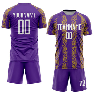 Custom Purple White-Old Gold Abstract Shape Sublimation Soccer Uniform Jersey