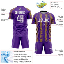 Load image into Gallery viewer, Custom Purple White-Old Gold Abstract Shape Sublimation Soccer Uniform Jersey
