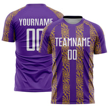 Load image into Gallery viewer, Custom Purple White-Old Gold Abstract Shape Sublimation Soccer Uniform Jersey
