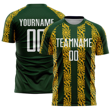 Custom Green White-Gold Abstract Shape Sublimation Soccer Uniform Jersey