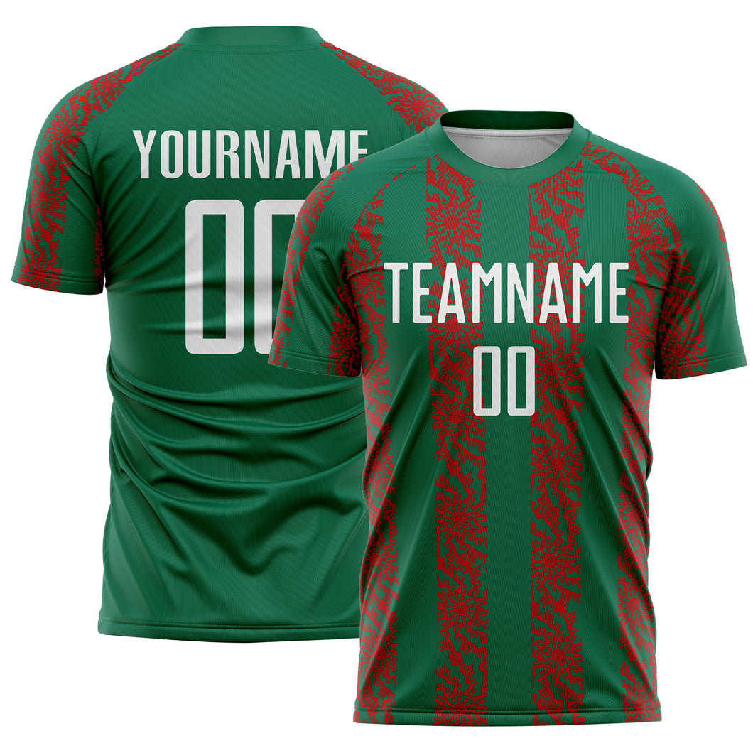 Custom Kelly Green White-Red Abstract Shape Sublimation Soccer Uniform Jersey