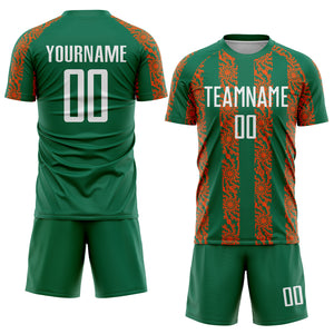 Custom Kelly Green White-Orange Abstract Shape Sublimation Soccer Uniform Jersey