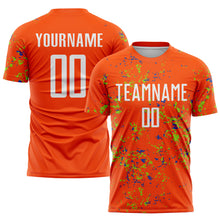 Load image into Gallery viewer, Custom Orange Neon Green-Thunder Blue Abstract Fragment Art Sublimation Soccer Uniform Jersey
