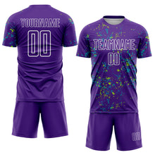 Load image into Gallery viewer, Custom Purple Neon Green-Teal Abstract Fragment Art Sublimation Soccer Uniform Jersey
