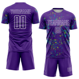 Custom Purple Neon Green-Teal Abstract Fragment Art Sublimation Soccer Uniform Jersey