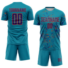 Load image into Gallery viewer, Custom Teal Royal-Orange Abstract Fragment Art Sublimation Soccer Uniform Jersey
