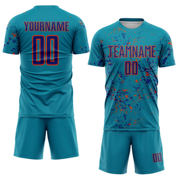 Custom Teal Royal-Orange Abstract Fragment Art Sublimation Soccer Uniform Jersey