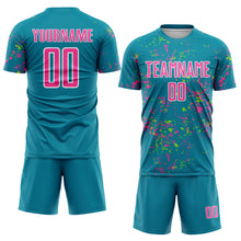 Load image into Gallery viewer, Custom Teal Pink-Neon Green Abstract Fragment Art Sublimation Soccer Uniform Jersey
