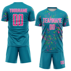 Custom Teal Pink-Neon Green Abstract Fragment Art Sublimation Soccer Uniform Jersey