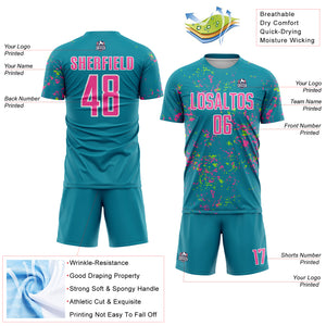 Custom Teal Pink-Neon Green Abstract Fragment Art Sublimation Soccer Uniform Jersey