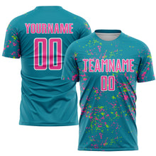 Load image into Gallery viewer, Custom Teal Pink-Neon Green Abstract Fragment Art Sublimation Soccer Uniform Jersey
