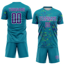 Load image into Gallery viewer, Custom Teal Purple-Neon Green Abstract Fragment Art Sublimation Soccer Uniform Jersey
