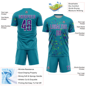 Custom Teal Purple-Neon Green Abstract Fragment Art Sublimation Soccer Uniform Jersey