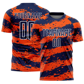 Custom Navy Orange-White Splash Sublimation Soccer Uniform Jersey