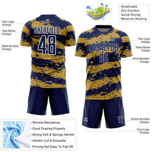 Custom Navy Old Gold-White Splash Sublimation Soccer Uniform Jersey