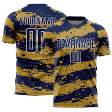 Load image into Gallery viewer, Custom Navy Old Gold-White Splash Sublimation Soccer Uniform Jersey
