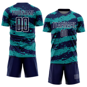 Custom Navy Teal-White Splash Sublimation Soccer Uniform Jersey