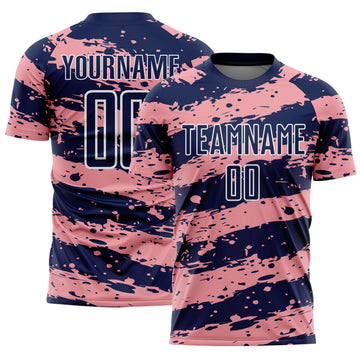 Custom Navy Medium Pink-White Splash Sublimation Soccer Uniform Jersey