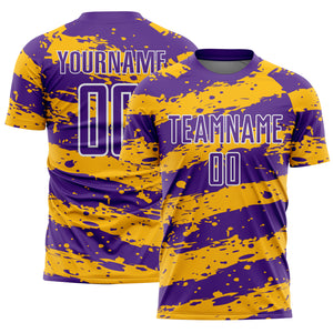 Custom Purple Gold-White Splash Sublimation Soccer Uniform Jersey