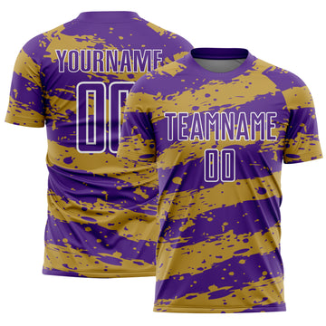 Custom Purple Old Gold-White Splash Sublimation Soccer Uniform Jersey