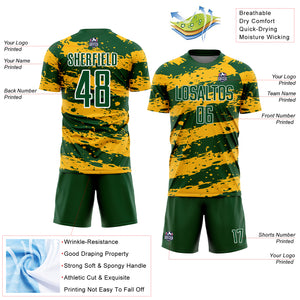 Custom Green Gold-White Splash Sublimation Soccer Uniform Jersey