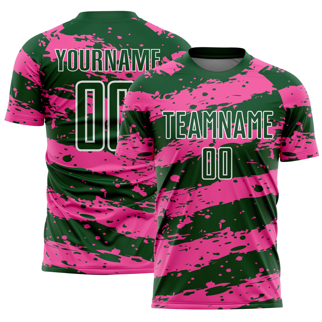 Custom Green Pink-White Splash Sublimation Soccer Uniform Jersey