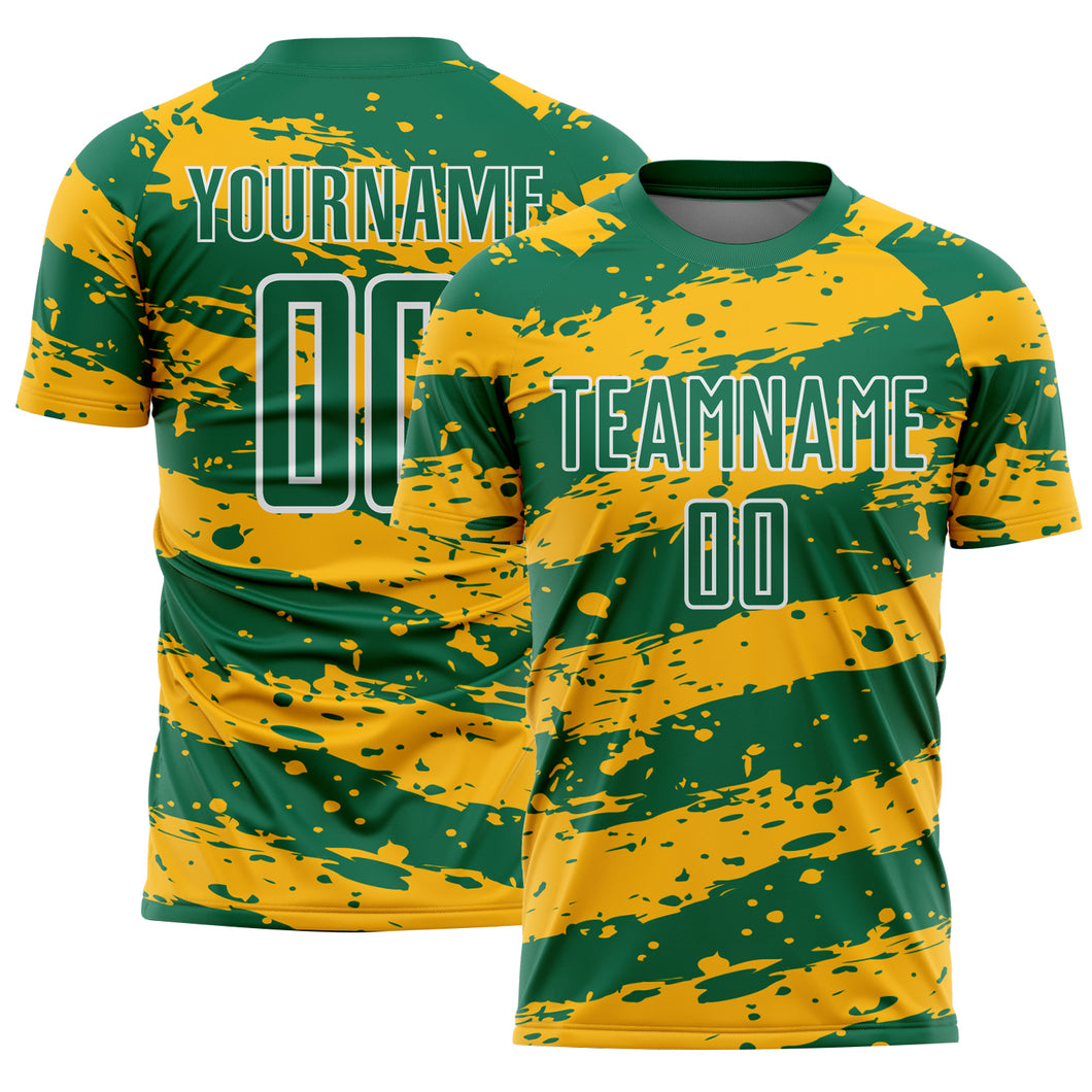 Custom Kelly Green Gold-White Splash Sublimation Soccer Uniform Jersey