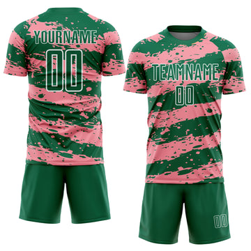 Custom Kelly Green Medium Pink-White Splash Sublimation Soccer Uniform Jersey