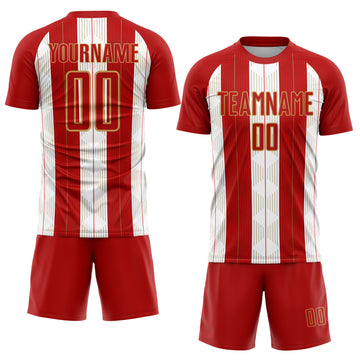 Custom Red Old Gold-White Line Sublimation Soccer Uniform Jersey