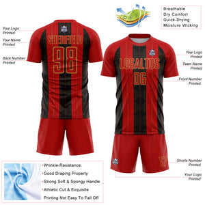 Custom Red Old Gold-Black Line Sublimation Soccer Uniform Jersey