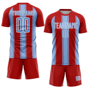 Custom Red Light Blue-White Line Sublimation Soccer Uniform Jersey