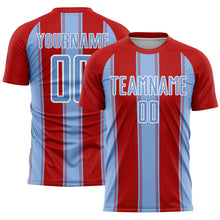 Load image into Gallery viewer, Custom Red Light Blue-White Line Sublimation Soccer Uniform Jersey
