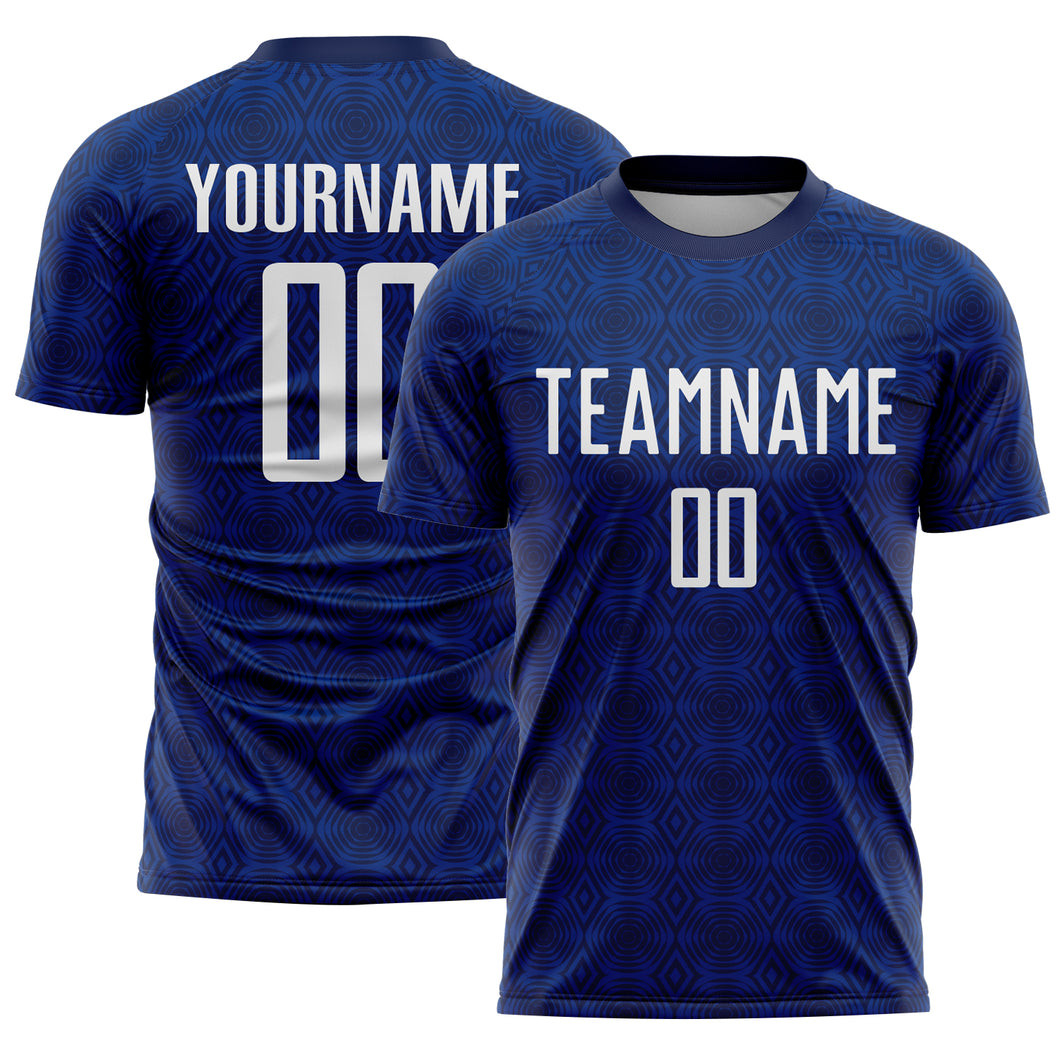 Custom Navy White-Royal Geometric Shapes Sublimation Soccer Uniform Jersey