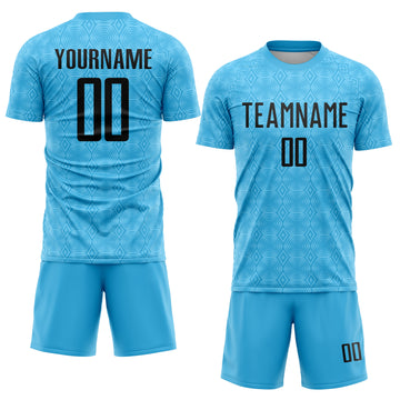 Custom Sky Blue Black Geometric Shapes Sublimation Soccer Uniform Jersey