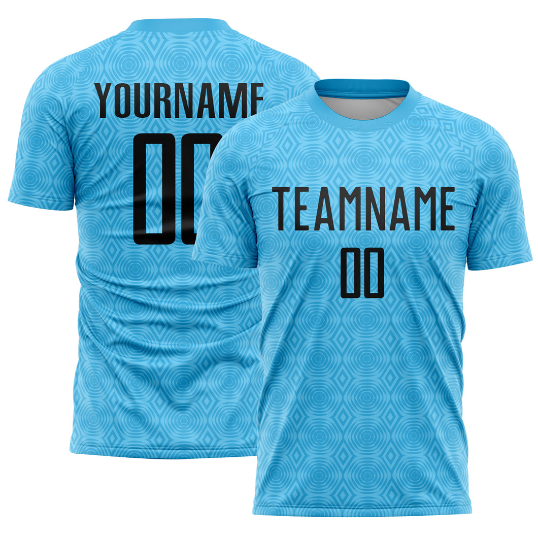 Custom Sky Blue Black Geometric Shapes Sublimation Soccer Uniform Jersey