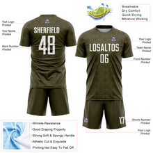 Load image into Gallery viewer, Custom Olive White Geometric Shapes Sublimation Salute To Service Soccer Uniform Jersey
