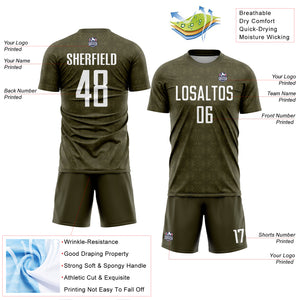 Custom Olive White Geometric Shapes Sublimation Salute To Service Soccer Uniform Jersey