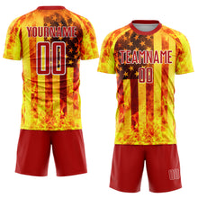 Load image into Gallery viewer, Custom Light Yellow Red-White American Flag Flame Sublimation Soccer Uniform Jersey
