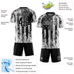 Custom Black Gray-White American Flag Flame Sublimation Soccer Uniform Jersey