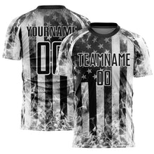 Load image into Gallery viewer, Custom Black Gray-White American Flag Flame Sublimation Soccer Uniform Jersey
