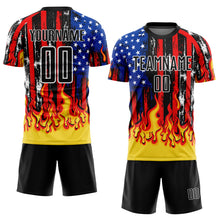 Load image into Gallery viewer, Custom Black Red Royal-Gold American Flag Flame Sublimation Soccer Uniform Jersey
